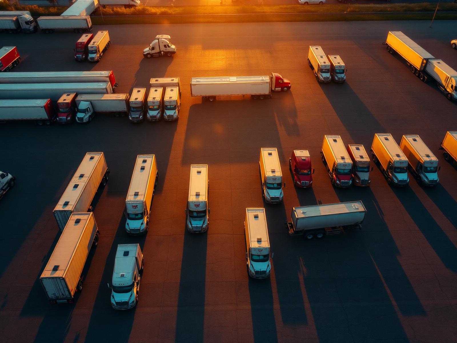 Aerial view of a half-empty trucking yard at dusk with parked trailers casting long shadows